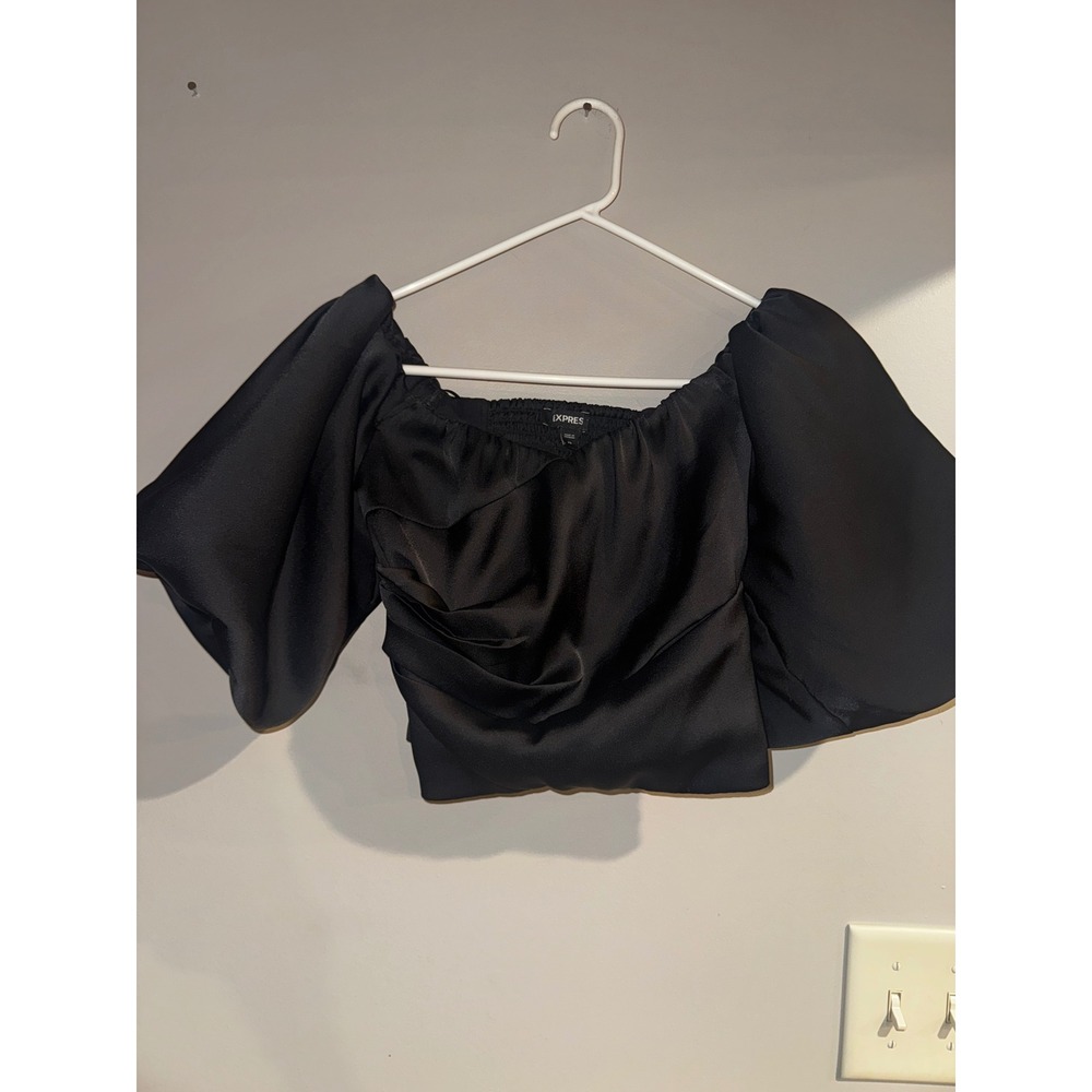 Express Black Satin Puff Sleeve Crop Top Smocked Back XS